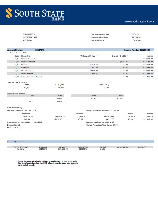 South State Bank Statement Template (100% Free) - BankStatements.net