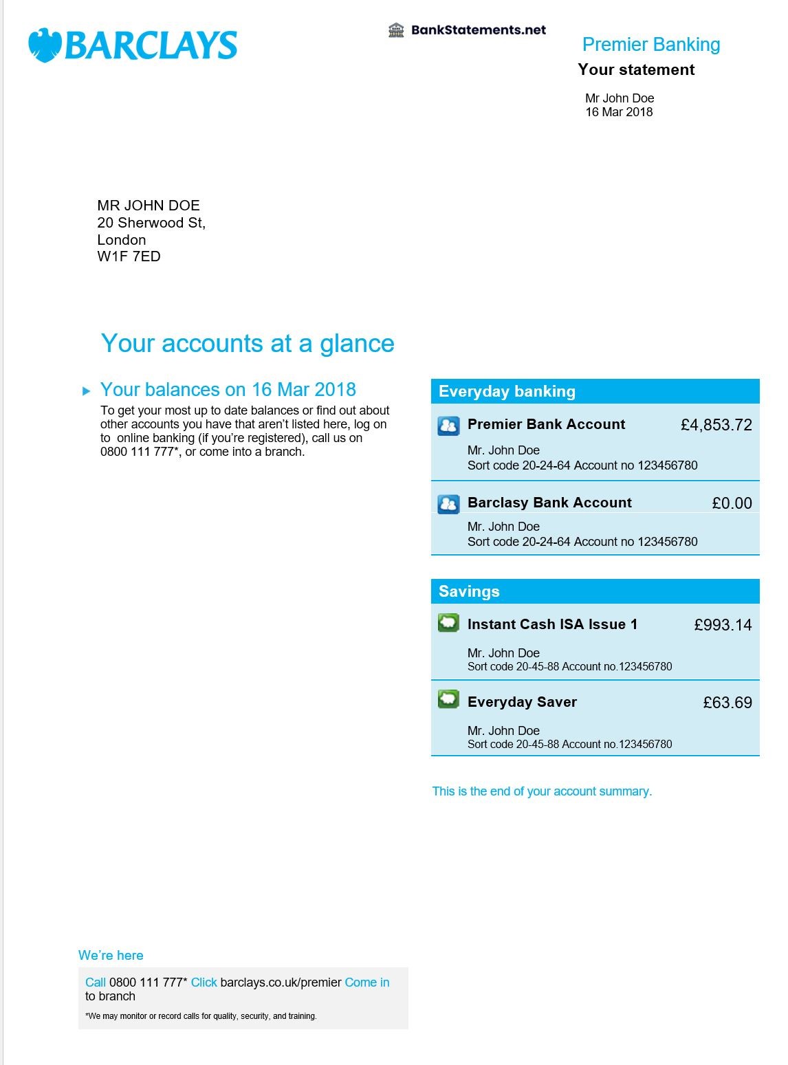 Barclays Bank Statement - BankStatements.net
