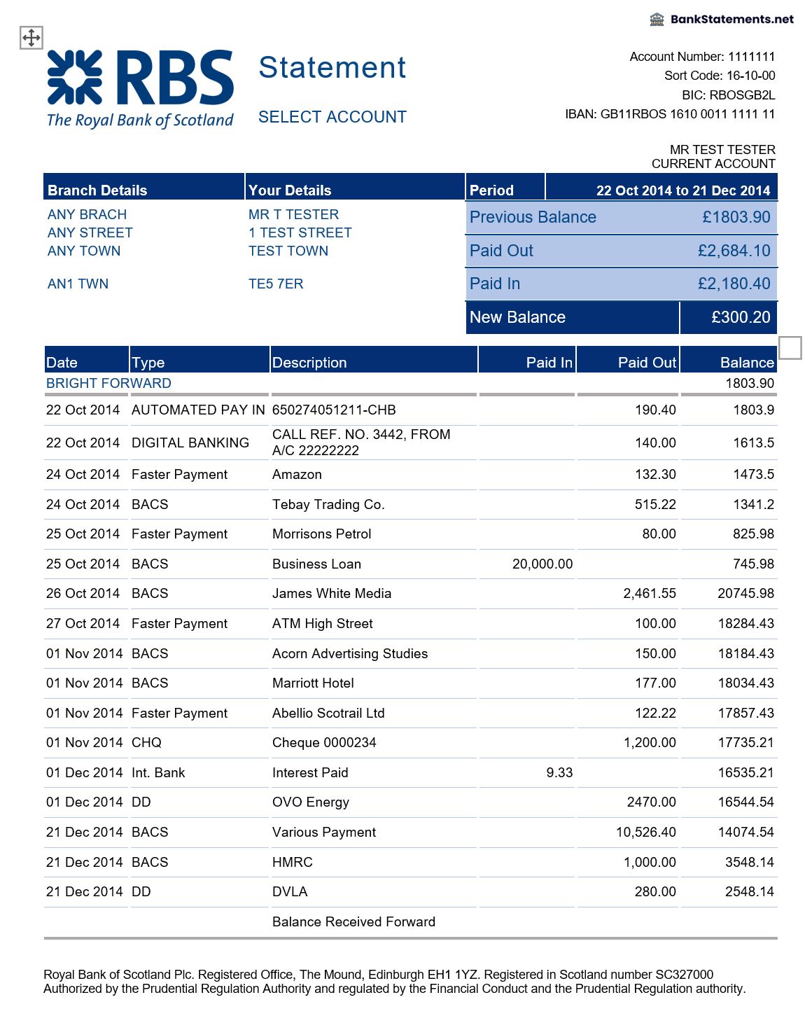 RBS Bank Statement - BankStatements.net