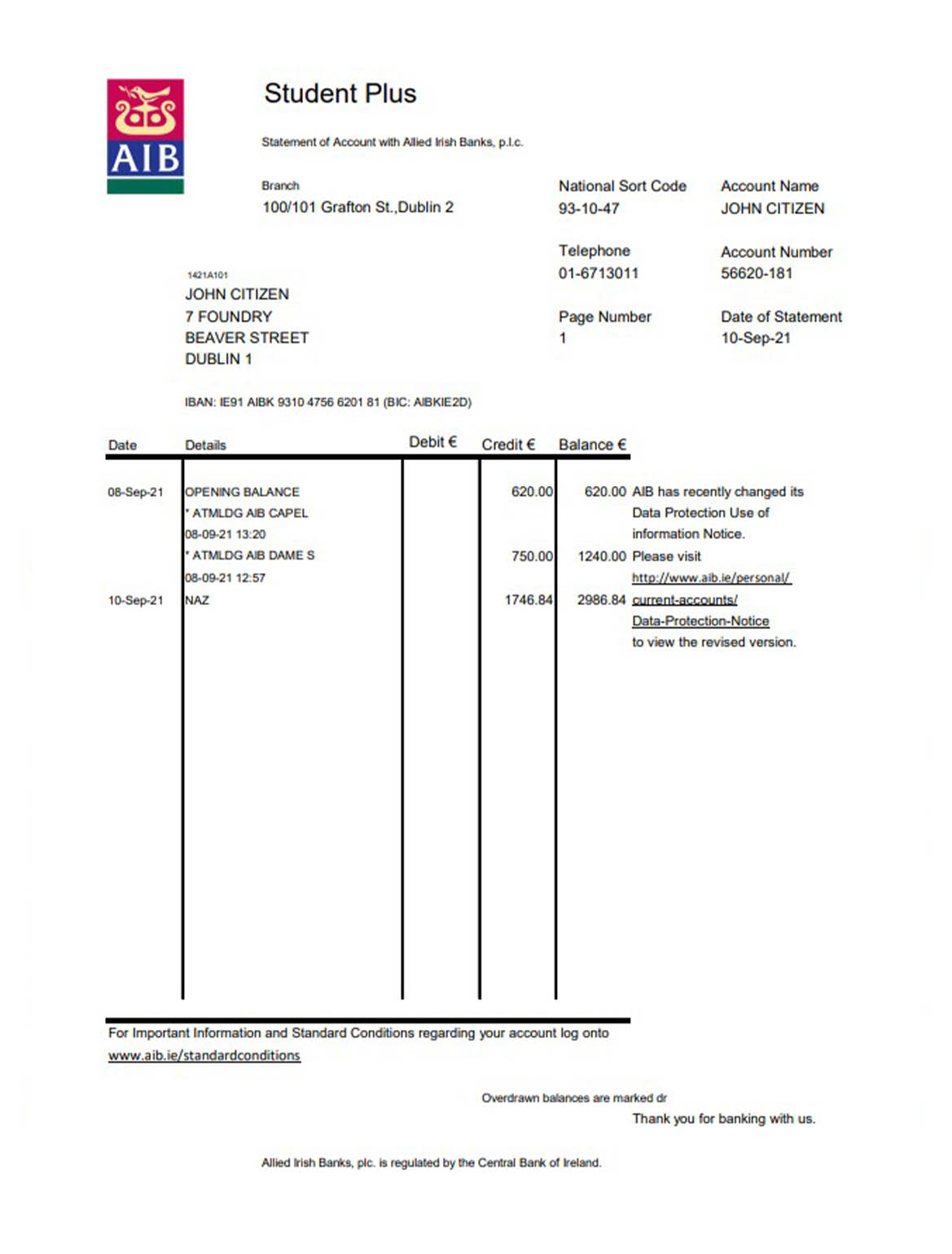 Ireland AIB bank statement